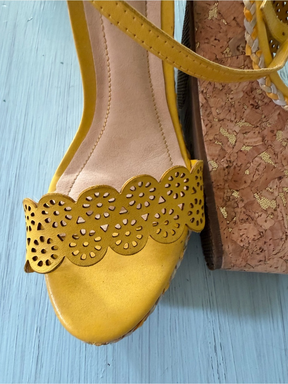 Yellow Women's Scalloped Laser-Cut Wedge Sandals